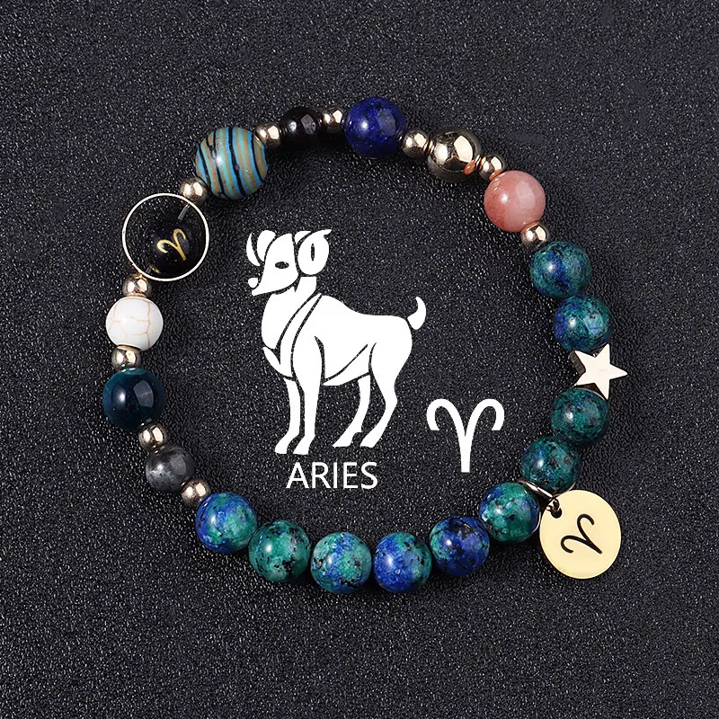Pulseiras dos Doze Signos do Zodíaco, Pedra Natural, Lápis-lazúli Fênix, Oito Planetas