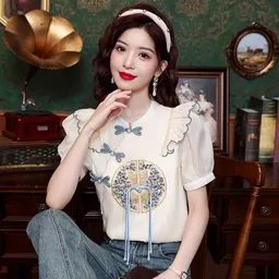 Camisa de estilo chinês novo de verão, estilo nacional, manga curta, ajuste slim, mangas bufantes, top bordado elegante