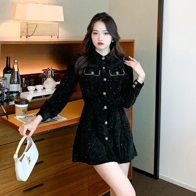 Vestido Negro de Pana con Cintura Ceñida, Estilizador y Petite para Mujer