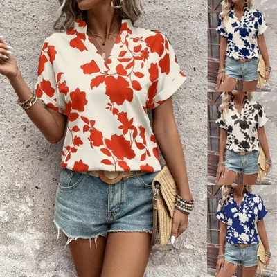 Camisa folgada de lazer com estampado de flores grandes, decote em V, manga de morcego