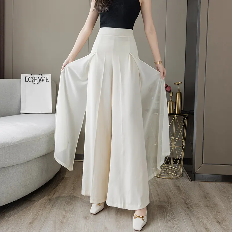 Calças de perna larga semi-transparentes e fluidas, de chiffon, cintura alta, com efeito de emagrecimento, fotografia real em vídeo, calças compridas até ao chão