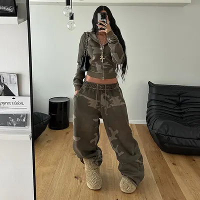 Women s Camouflage Color Block Hooded Zipper Sweatshirt + Loose Oversized Sweatpants Casual Two-piece Set