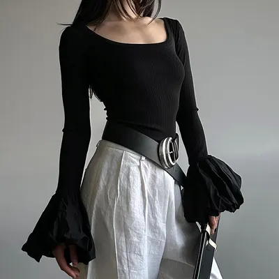 Top elegante para mulher de estilo europeu e americano, outono, gola redonda grande, slim fit, manga bufante com remendos