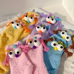 Meias fofas e divertidas de olhos grandes no estilo japonês, meias de dormir reforçadas de outono/inverno com laços, meias de panturrilha novas com design trendy