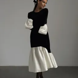 Coreano Terciopelo Otoño Nuevo Diseño Patchwork Francés Cuello Redondo Manga de Campana Vestido, Falda Larga Suelta de Moda Ropa de Mujer
