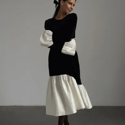 Koreansk sammet höstny fransk patchworkdesign rund hals blommärmsklänning, fashionabel lång lös kjol för kvinnokläder