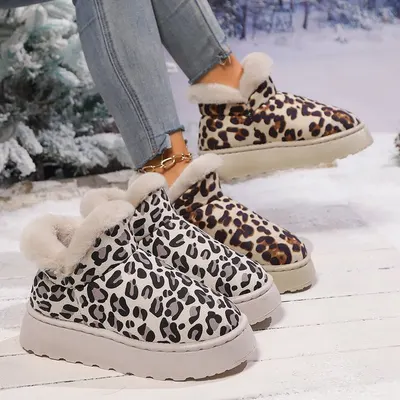 Botas de neve curtas para mulher, botas de pão reforçadas com lã para aquecimento, botas de algodão com estampa de leopardo transfronteiriço