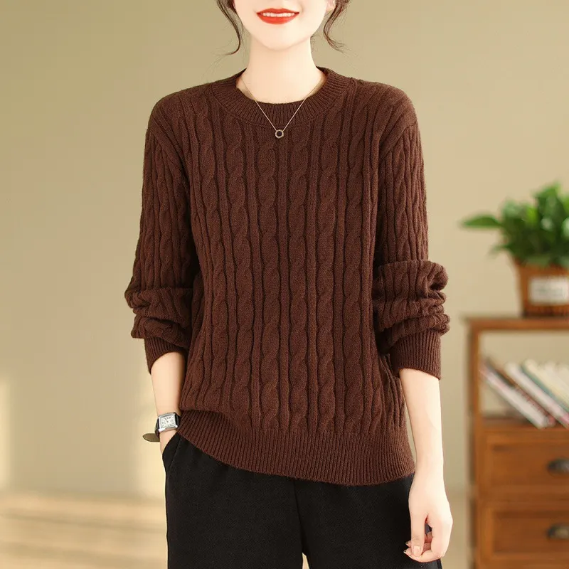 Suéter de tricô com padrão de trama retrô e literária, pescoço redondo, manga comprida, para mulheres, outono e inverno, elegante e versátil