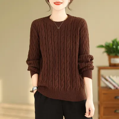 Suéter de tricô com padrão de trama retrô e literária, pescoço redondo, manga comprida, para mulheres, outono e inverno, elegante e versátil