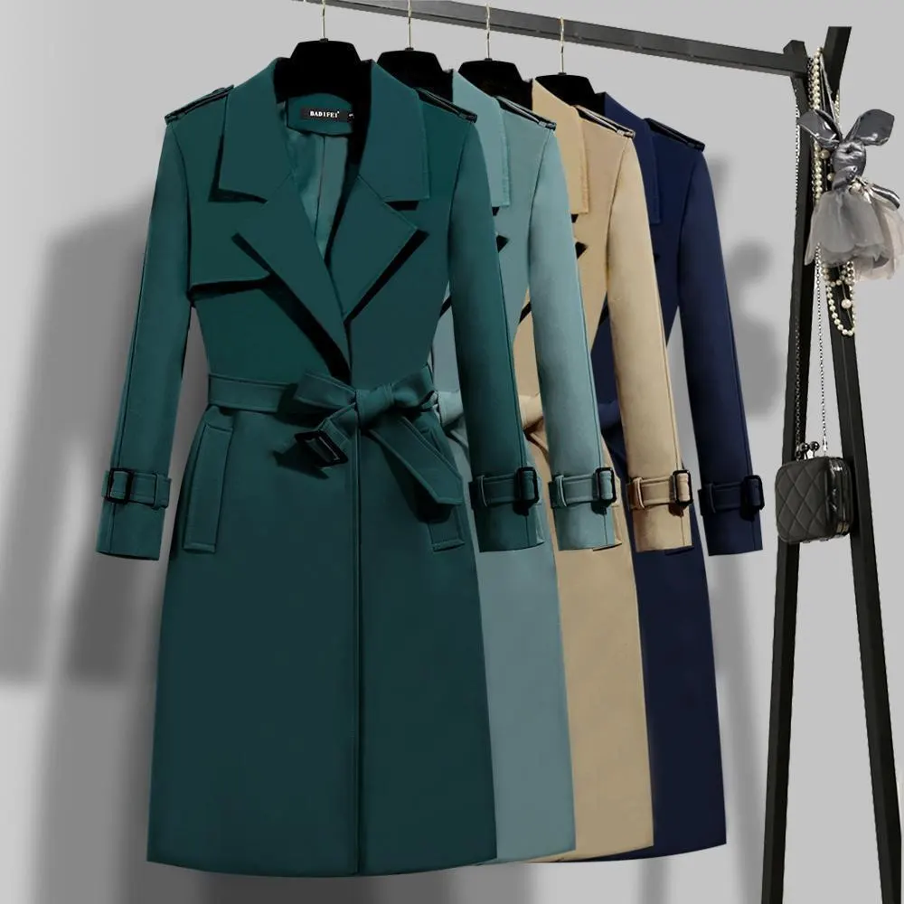 Casaco trench comprido para mulheres - estilo coreano novo e elegante do outono de 2024, ajustado, com cintura marcada, para o outono e primavera