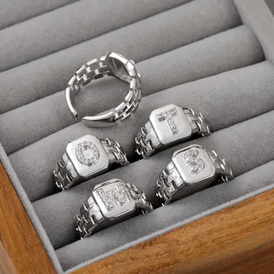 Transfronterizo Nuevo Anillo con Letra de Cobre Incrustado con Circón Cadena de Reloj Personalizada Estilo Minimalista Retro Desgastado con Cadena Abierta Anillo para Mujer