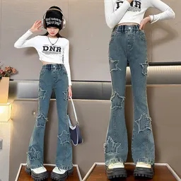 Girls  Pants Spring Outerwear 2024 New Middle and Big Children Loose Flare Spring Star Pattern Children s Jeans