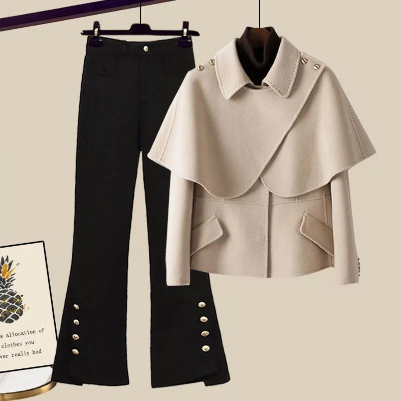 2024 Autumn and Winter New Korean Retro Design Patchwork Suit Jacket Micro Flare Jeans Fashion Two-Piece Set Trend