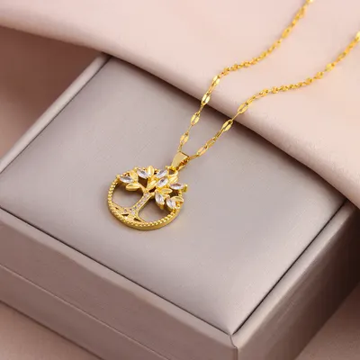 Pingente de Árvore da Vida de cobre retro casual com zircão incrustado banhado a ouro