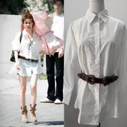 Vestido camisa com colarinho branco para mulher, cinto de cintura elegante, saia curta