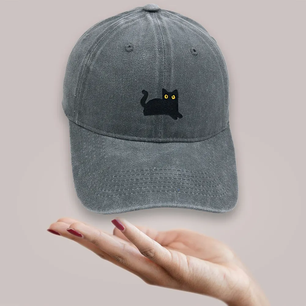 Boné de beisebol com gato preto, bordado de gato preto, boné vintage lavado, boné de bico de pato unissexo