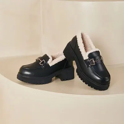 Sapatos de senhora com forro de lã, plataforma, sapatos de couro