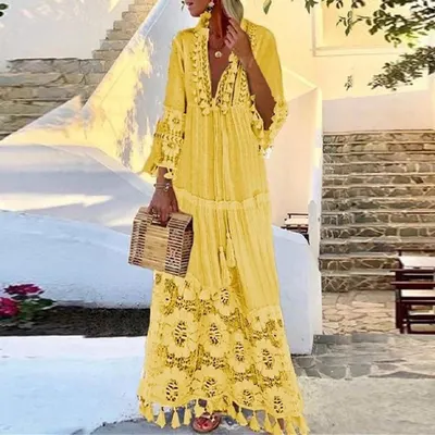 Vestido Largo de Manga Larga de Algodón Slub con Borlas y Costuras