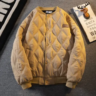 Casaco de Algodão com Padrão de Diamante Retro Japonês, Casaco de Algodão Penado à Prova de Frio, Espesso para Homens, Outono/Inverno 2024, Casaco de Beisebol
