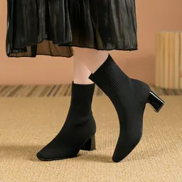 Botas meia de malha, botas de salto alto com bica quadrada preta, botas curtas para mulheres