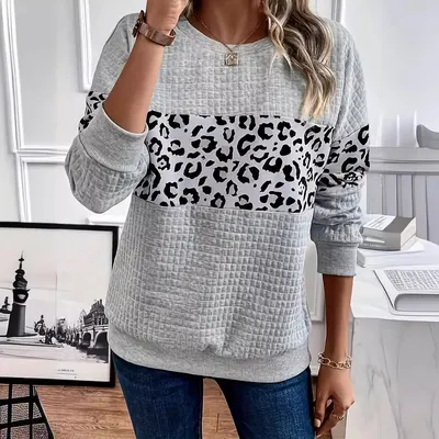 Sudadera Informal Holgada de Moda Europea y Americana para Mujer con Cuello Redondo y Manga Larga Estampada
