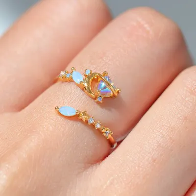 Anel ajustável aberto em forma de coração, anel de flor de zircão