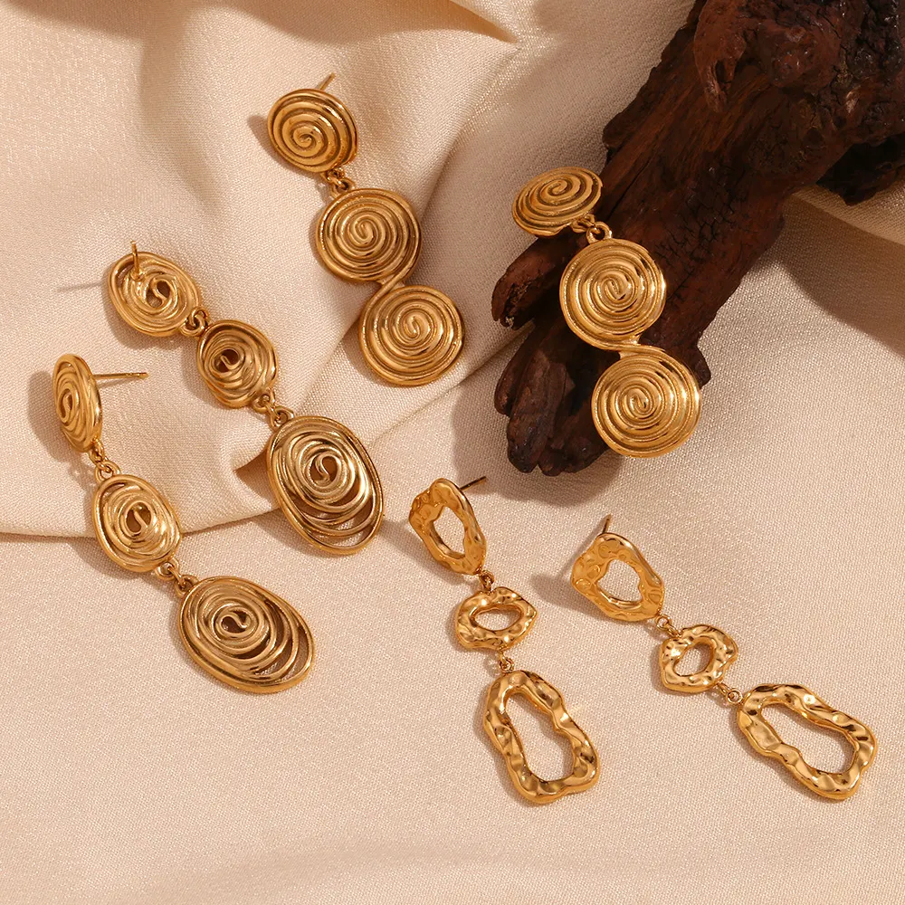 Brincos de argola com design irregular martelado, geométrico e oco, com solda, em aço inoxidável banhado a ouro 18K, com impressão digital, para mulheres