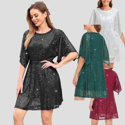 Vestido curto mini casual solto com lantejoulas para mulheres do comércio transfronteiriço, manga fendida para festas (4 cores)