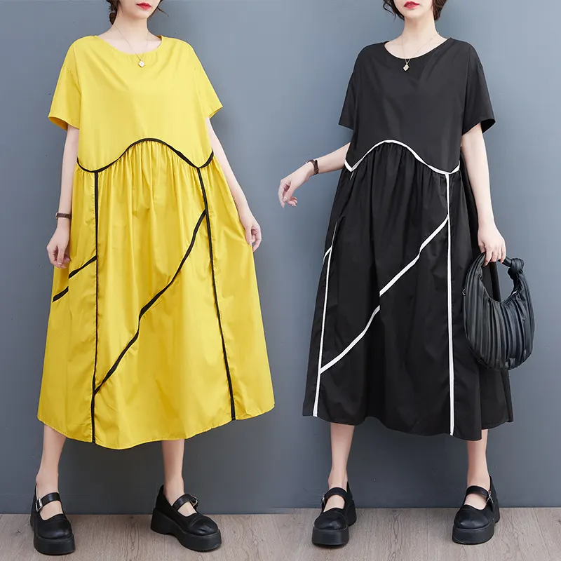 Vestido casual solto estilo coreano novo de verão, fotografia real, design de listras com cores contrastantes, cintura fina, saia A-plissada