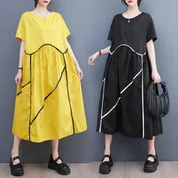 Tiro real verano nuevo estilo coreano suelto casual vestido moda color block raya adelgazante plisado falda línea A