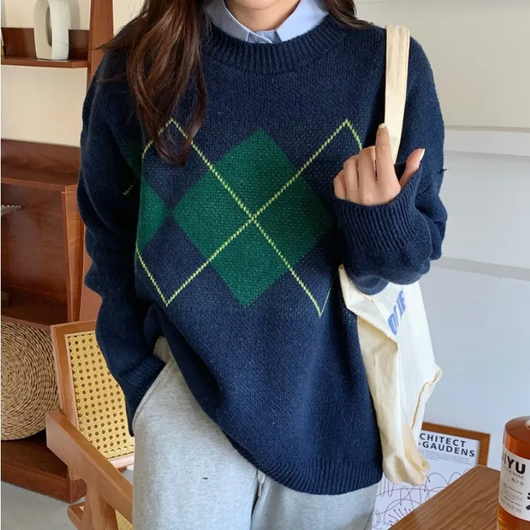 韩版新款随性风菱格宽松网红套头针织衫毛衣上衣外套女