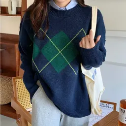 Suéter de malha pulôver casual novo estilo coreano, losango solto, top de suéter de influenciador de internet, para mulher