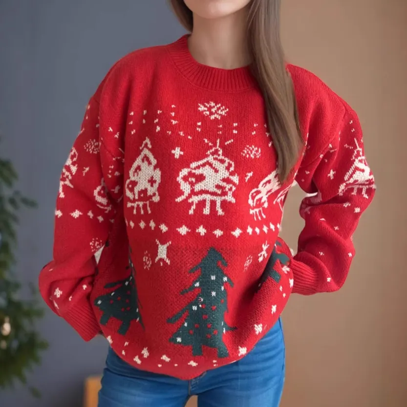 2024年新作 クロスボーダー ヨーロッパとアメリカのクリスマス レッドセーター 秋冬 女性用 クリスマスツリー ジャカード プルオーバーニットセーター