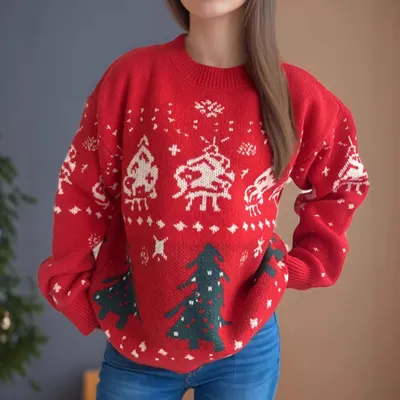 Suéter vermelho de Natal transfronteiriço 2024 para mulheres da Europa e América, suéter de tricô com jacquard de árvore de Natal para o outono e inverno