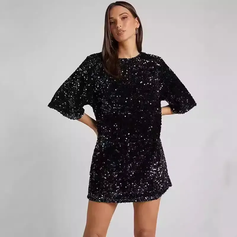 Vestido com Lantejoulas, Ombro Assimétrico, Saia Midi, Novo da Moda de Primavera e Verão 2024, Comércio Externo Transfronteiriço, Roupa Feminina, Vestido de Noite