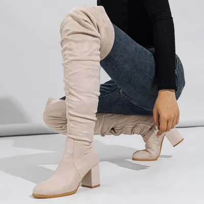 Botas compridas para mulher, salto alto, novas de veludo do comércio exterior 2024, botas compridas até acima do joelho, com salto grosso, elásticas, de canelado