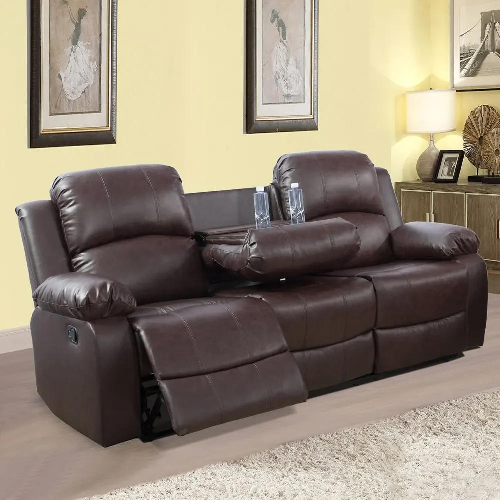 Brun halv-PU- och PVC-tre-sits-soffa vardagsrumssoffa S