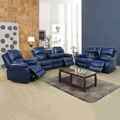 Conjunto de sofás de sala de três peças, cor azul escuro, em semi-PU