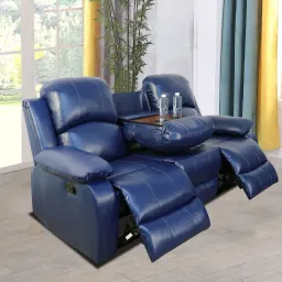 Sofá de três lugares, cor azul escuro, em material semi-PU, para sala