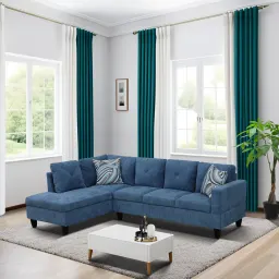 Conjunto de sofás de sala de três peças, cor azul, em linho
