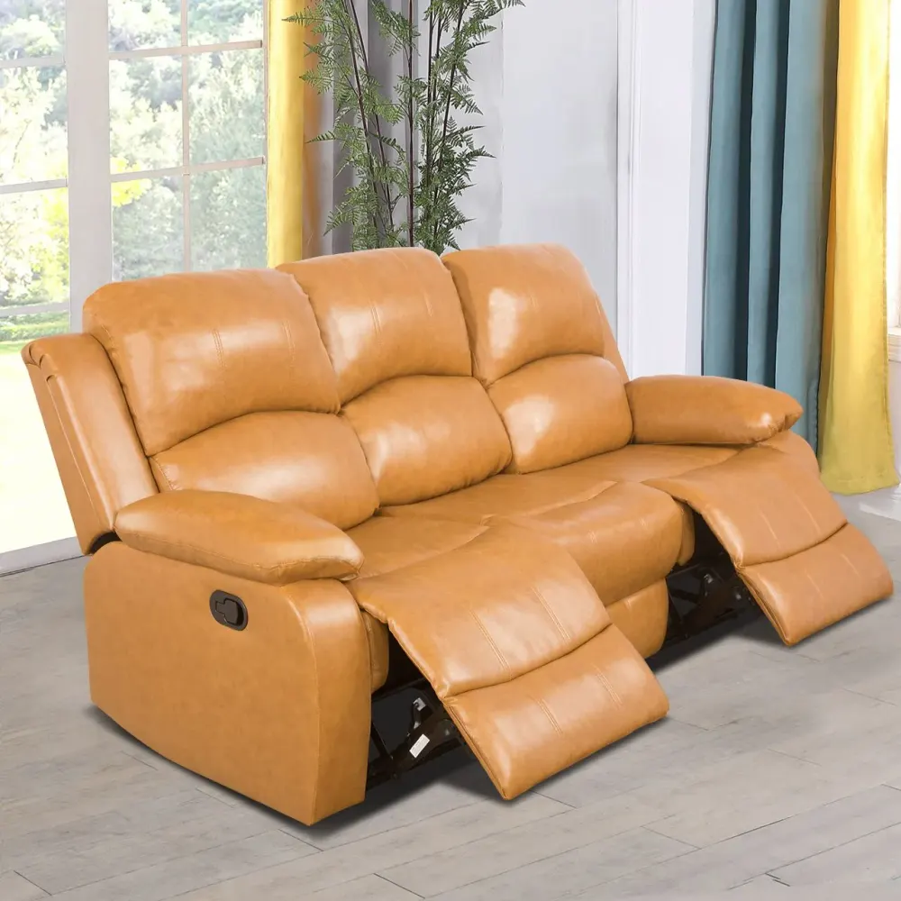 Sofá de três lugares, cor amarelo gengibre, em semi-PU e PVC, para sala