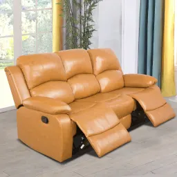 Sofá de três lugares, cor amarelo gengibre, em semi-PU e PVC, para sala