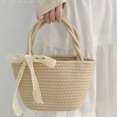 Bolsa tecida com fios de algodão nova, estilo pastoral, bolsa tote