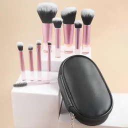 Conjunto de 10 pincéis de maquilhagem portáteis, pretos, com cabo curto, com bolsa de armazenamento, incluindo pincel de blush, pincel de pó, pincel de sombras, pincel de cílios, pincel de sobrancelhas, pincel de blending
