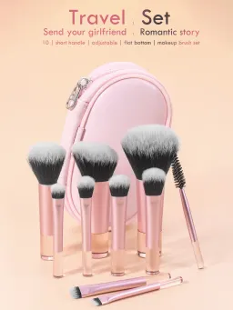 Conjunto de Pincéis de Maquilhagem Portáteis de Cabo Curto, Cor Rosa, com Saco de Armazenamento, Incluindo Pincel de Blush, Pincel de Pó, Pincel de Sombra, Pincel de Cílios, Pincel de Sobrancelhas, Pincel de Mistura