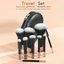 Conjunto de 10 pincéis de maquilhagem portáteis, pretos, com cabo curto, com bolsa de armazenamento, incluindo pincel de blush, pincel de pó, pincel de sombras, pincel de cílios, pincel de sobrancelhas, pincel de blending