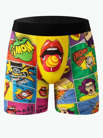 1 Peça - Cueca Boxer Longa Masculina com Estampa de Arte Pop de Banda Desenhada Engraçada