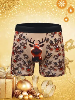 Exclusivo de Natal! Cuecas Boxer Masculinas com Estampa de Rena, Design Único, Adequadas para Uso Diário/Festas.