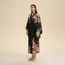 2 Roupões longos de cetim florido preto para mulheres, manga comprida, roupão de noiva e roupa de descanso