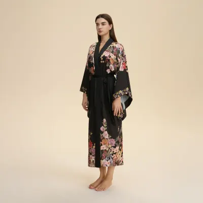 2 قطعة روب طويل من الساتان باللون الأسود والزهور للنساء، بأكمام طويلة، روب عرس وملابس منزلية